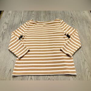 Ann Taylor Weekend Collection Tan & White Striped Crew Neck Top Size M